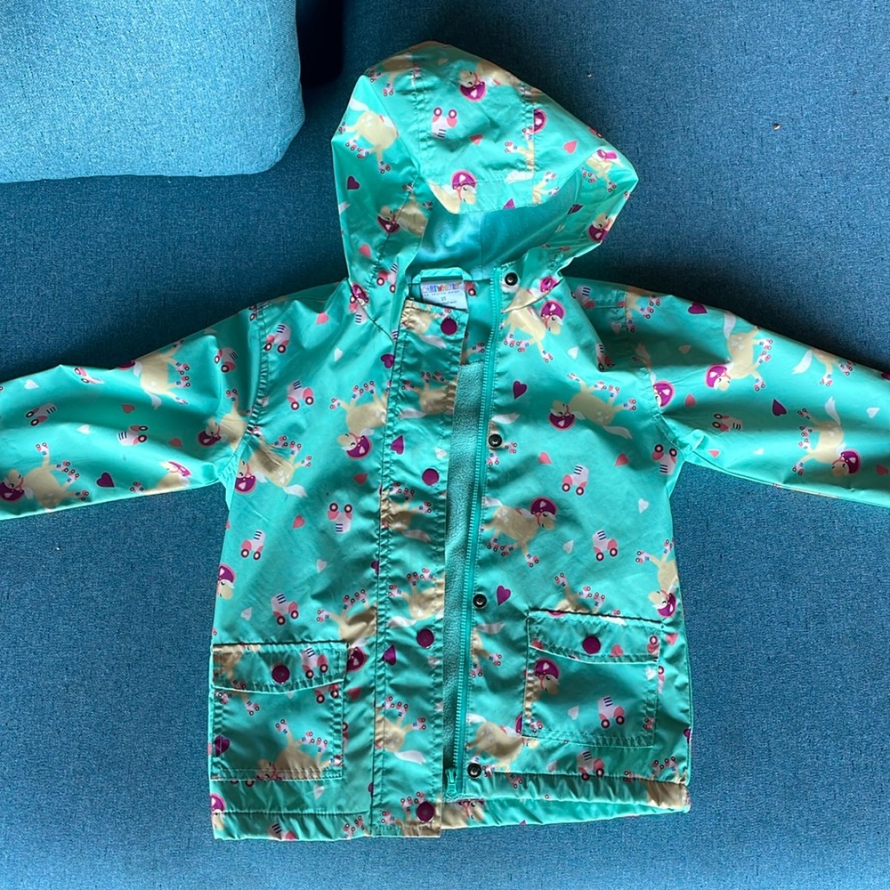 3T rain coat cartwheels horses teal